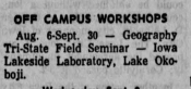 A course listing from 1965 for the Geography Tri-State Field Seminar at the Lakeside Lab in Okoboji